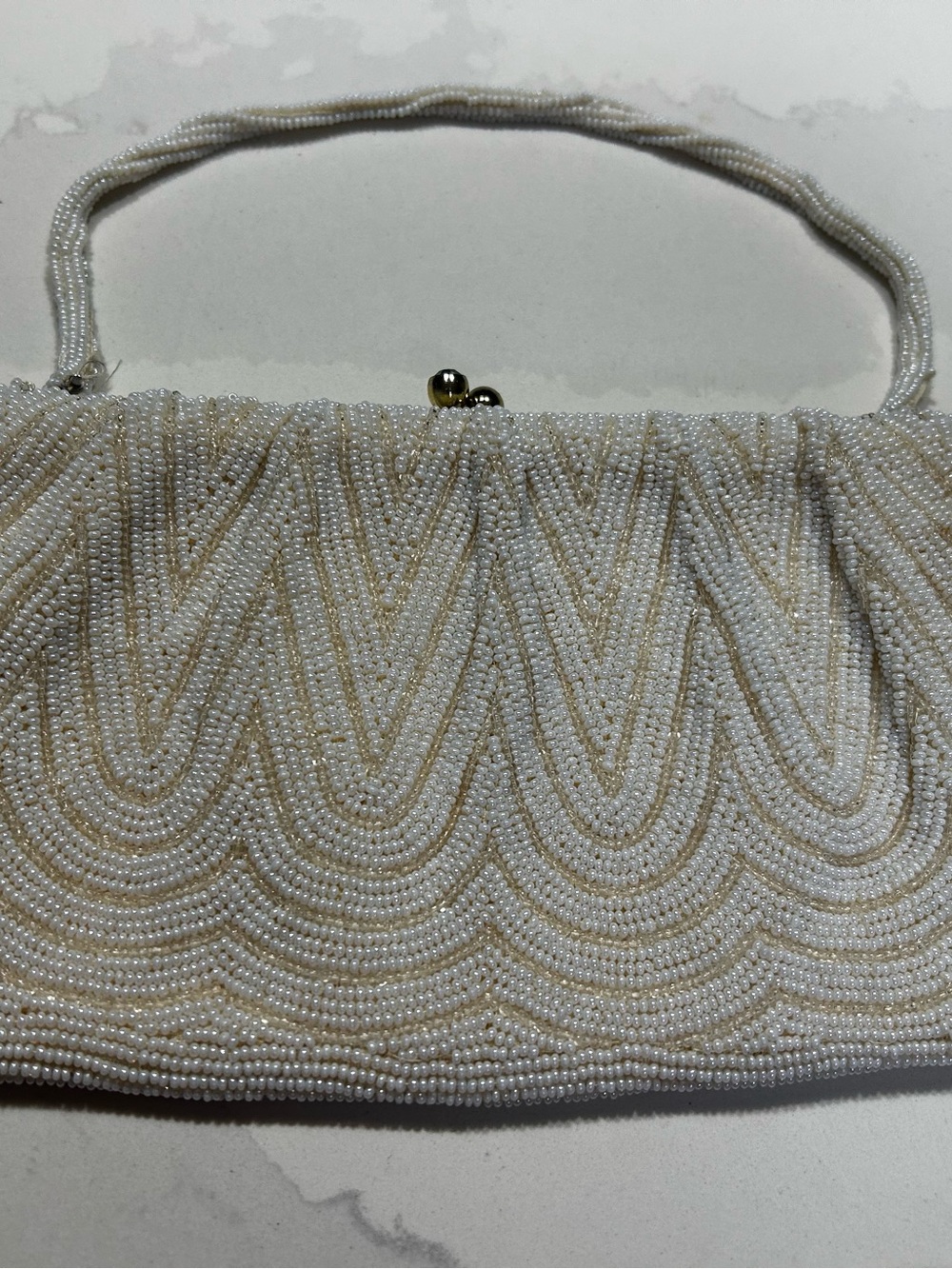 Beaded Cream Evening Clutch with Pearl Handle
